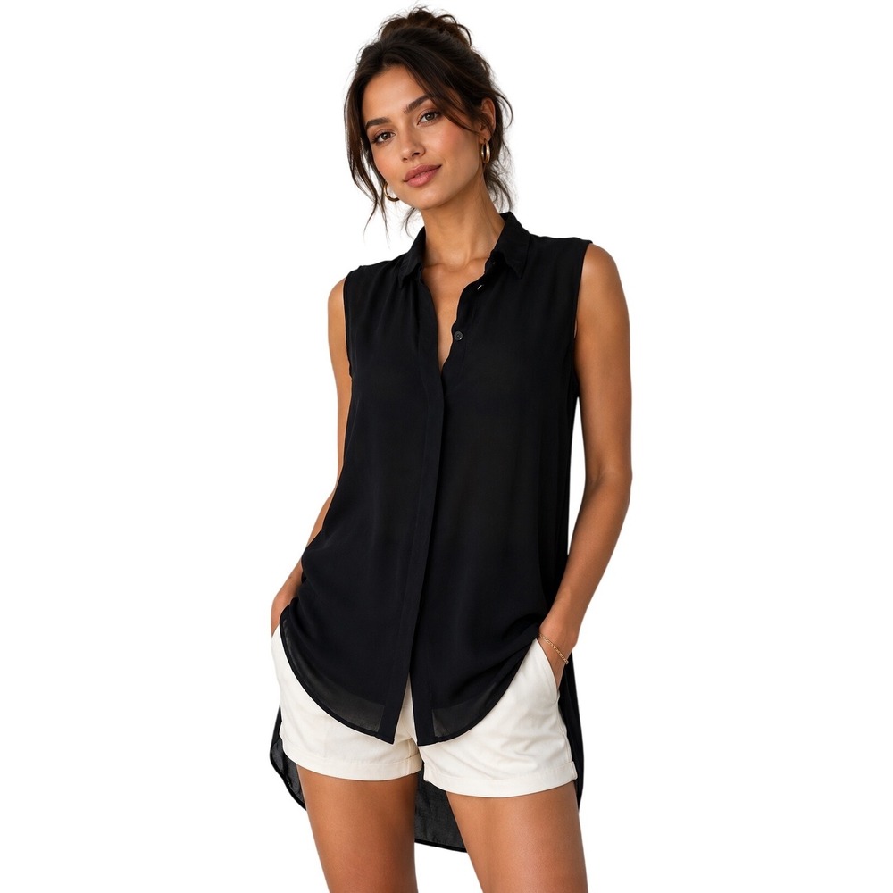 J.Crew Black 100% Silk Sleeveless High-Low Tunic Button Down Top Size 0